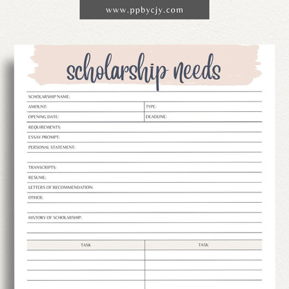 Scholarship Application Tracker Printable Template – Digital download for organizing and managing the status, deadlines, and details of scholarship applications