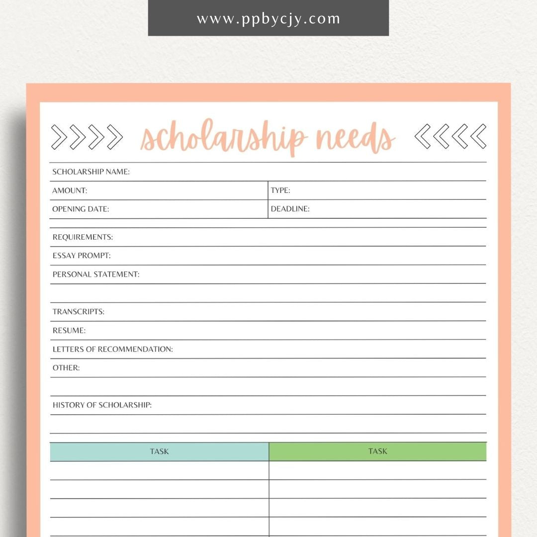 Scholarship Application Tracker Printable Template – Digital download for organizing and managing the status, deadlines, and details of scholarship applications