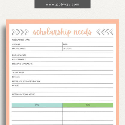 Scholarship Application Tracker Printable Template – Digital download for organizing and managing the status, deadlines, and details of scholarship applications