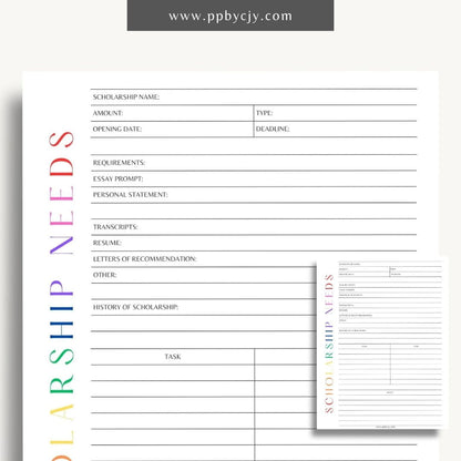 Scholarship Application Tracker Printable Template – Digital download for organizing and managing the status, deadlines, and details of scholarship applications