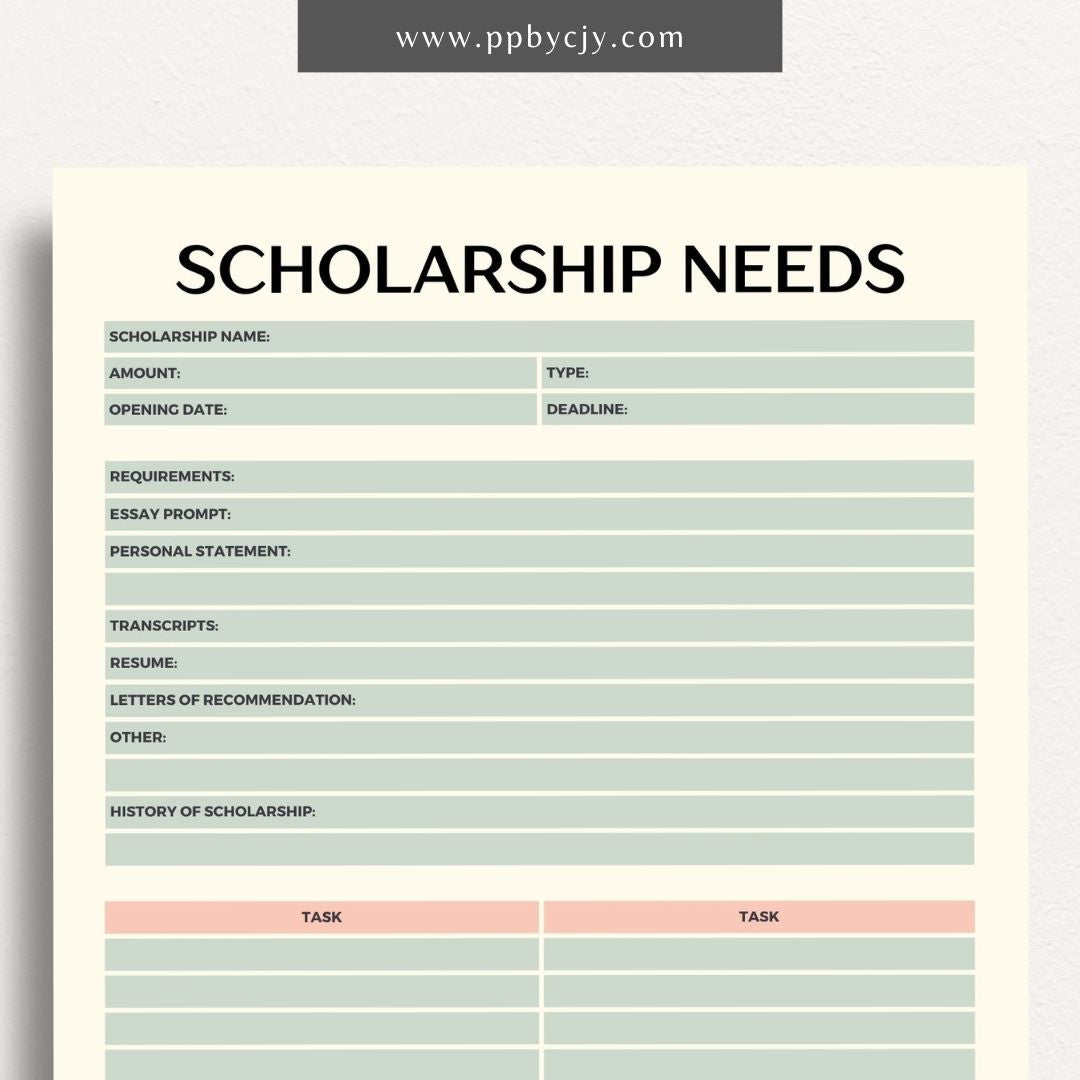 Scholarship Application Tracker Printable Template – Digital download for organizing and managing the status, deadlines, and details of scholarship applications