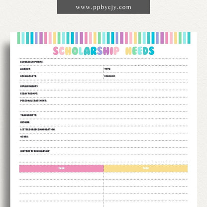 Scholarship Application Tracker Printable Template – Digital download for organizing and managing the status, deadlines, and details of scholarship applications