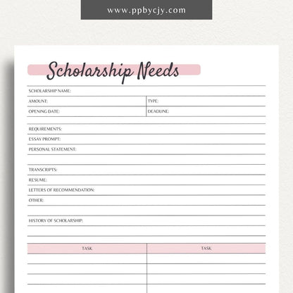 Scholarship Application Tracker Printable PDF Template