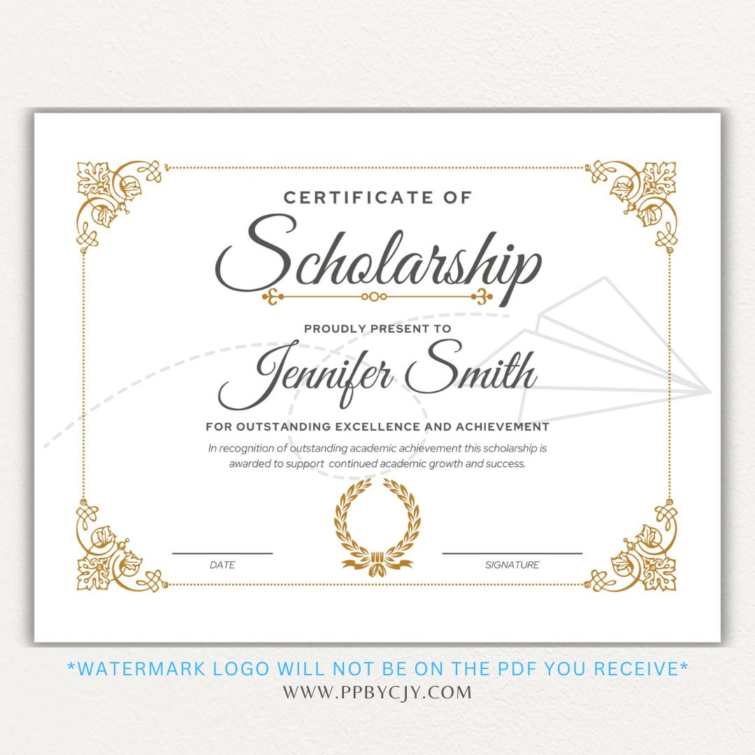 Personalized Scholarship Certificate Printable PDF Template with editable fields for recipient name, scholarship title, and date, featuring an elegant academic design.

