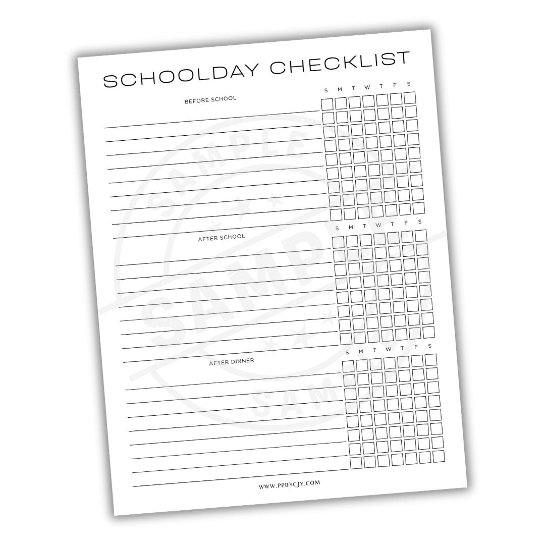 Schoolday checklist with time slots for the day on a white background