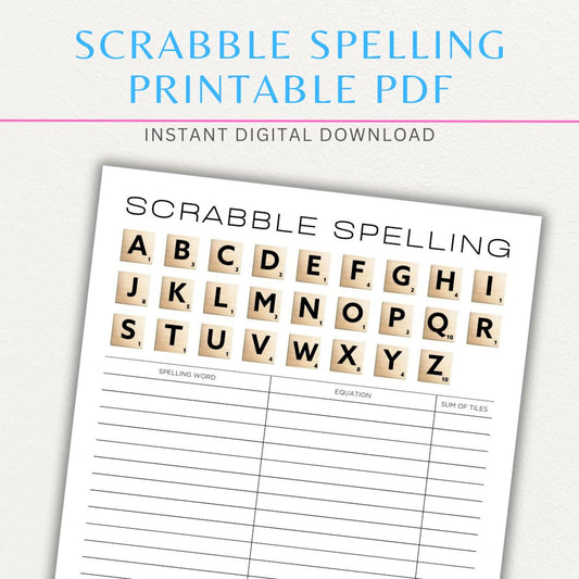 Scrabble Spelling Printable PDF Template for fun and educational word-building practice.

