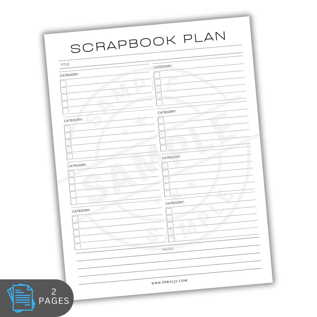 Scrapbook plan sheet with categories and notes on a white background