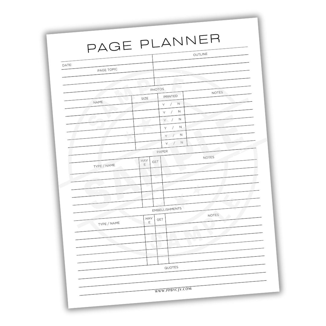 Page planner sheet with various columns and headings on a white background