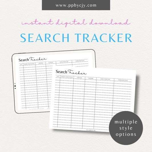 Digital Search History Printable Template – Digital Download for Tracking Online Searches with sections for search terms, dates, and notes.