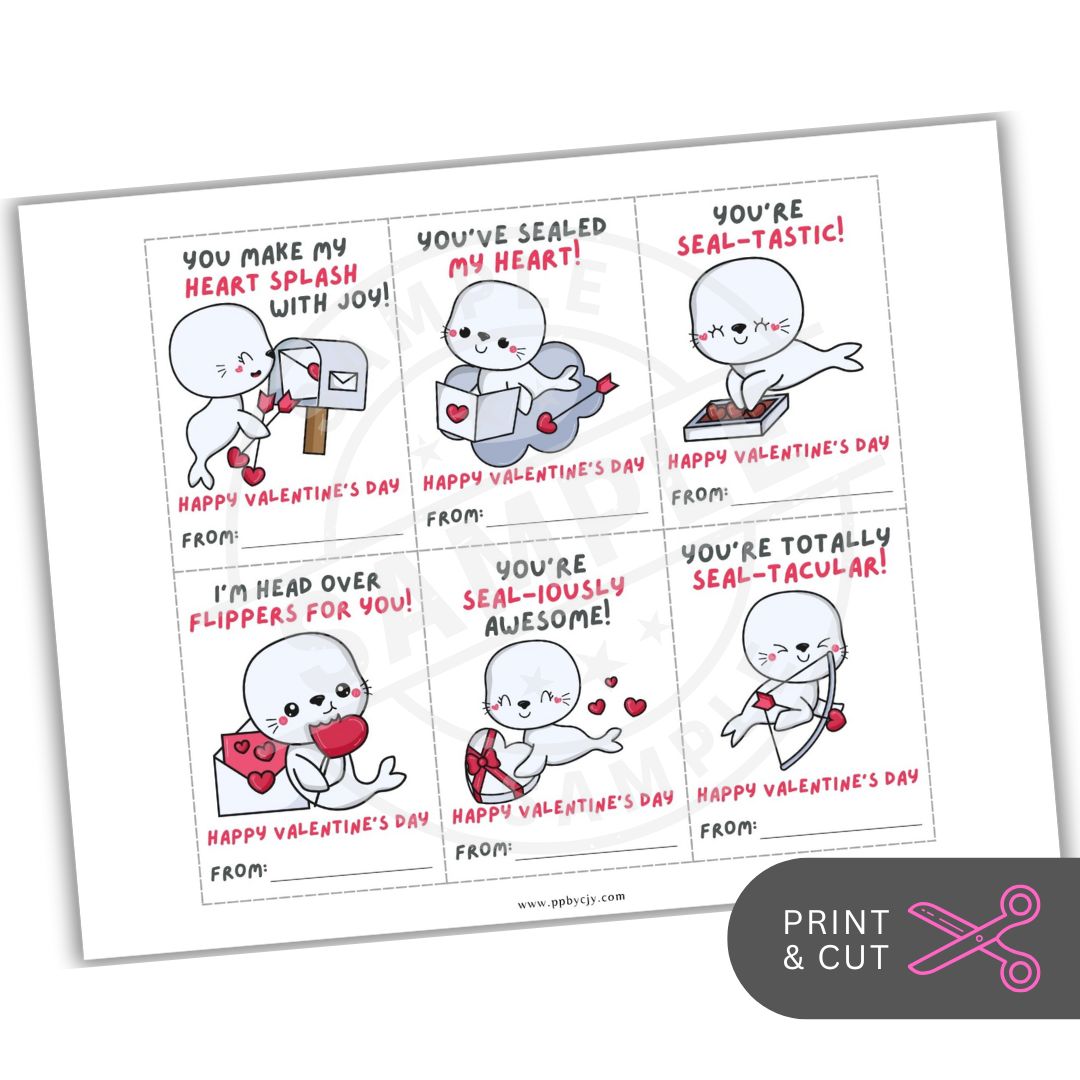 Valentine's Day cards with cartoon seals and humorous text on a white background.
