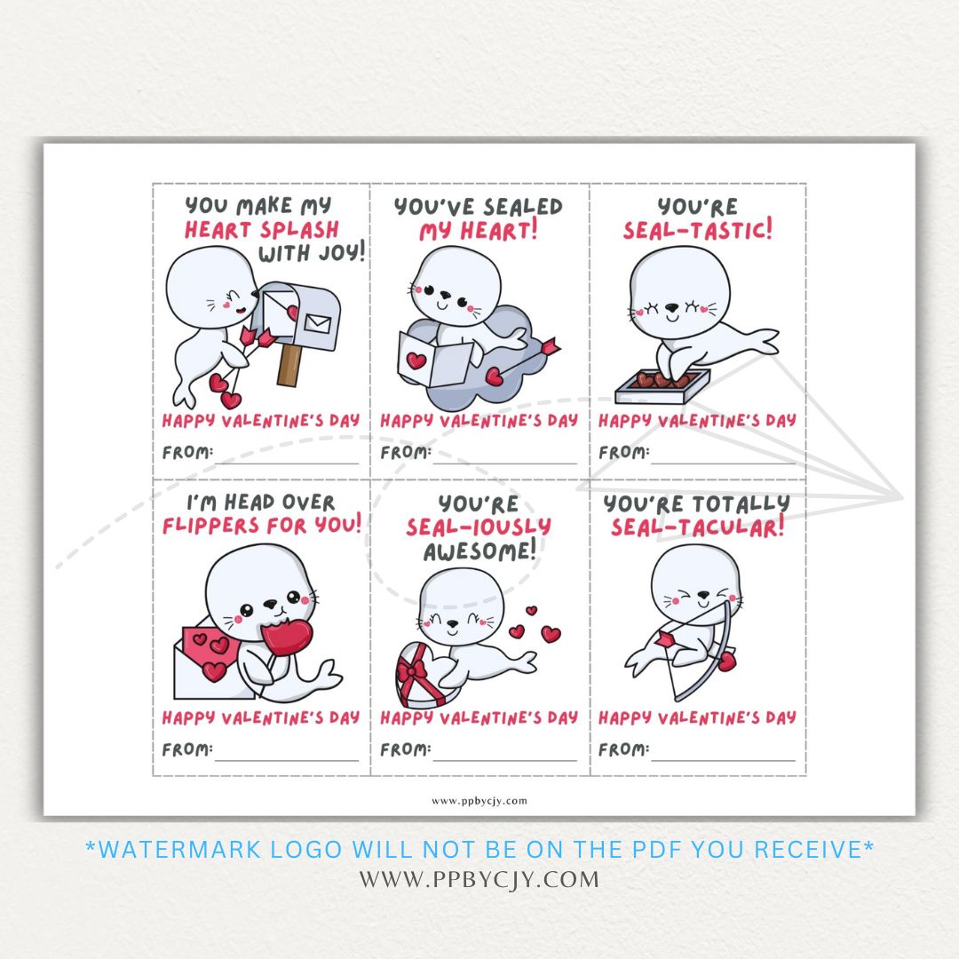 Seal-themed printable Valentine’s Day sheet with six cute seal designs and playful messages for a fun and unique Valentine exchange.

