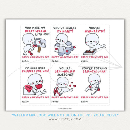 Seal-themed printable Valentine’s Day sheet with six cute seal designs and playful messages for a fun and unique Valentine exchange.

