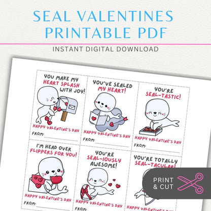 Seal-themed printable Valentine’s Day sheet with six cute seal designs and playful messages for a fun and unique Valentine exchange.

