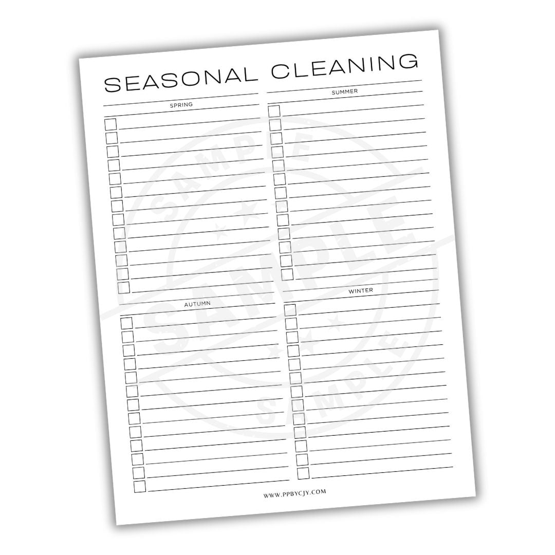 Seasonal cleaning checklist with checkboxes for spring, summer, autumn, and winter on a white background.
