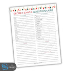 Secret Santa questionnaire with Christmas lights design on a white background