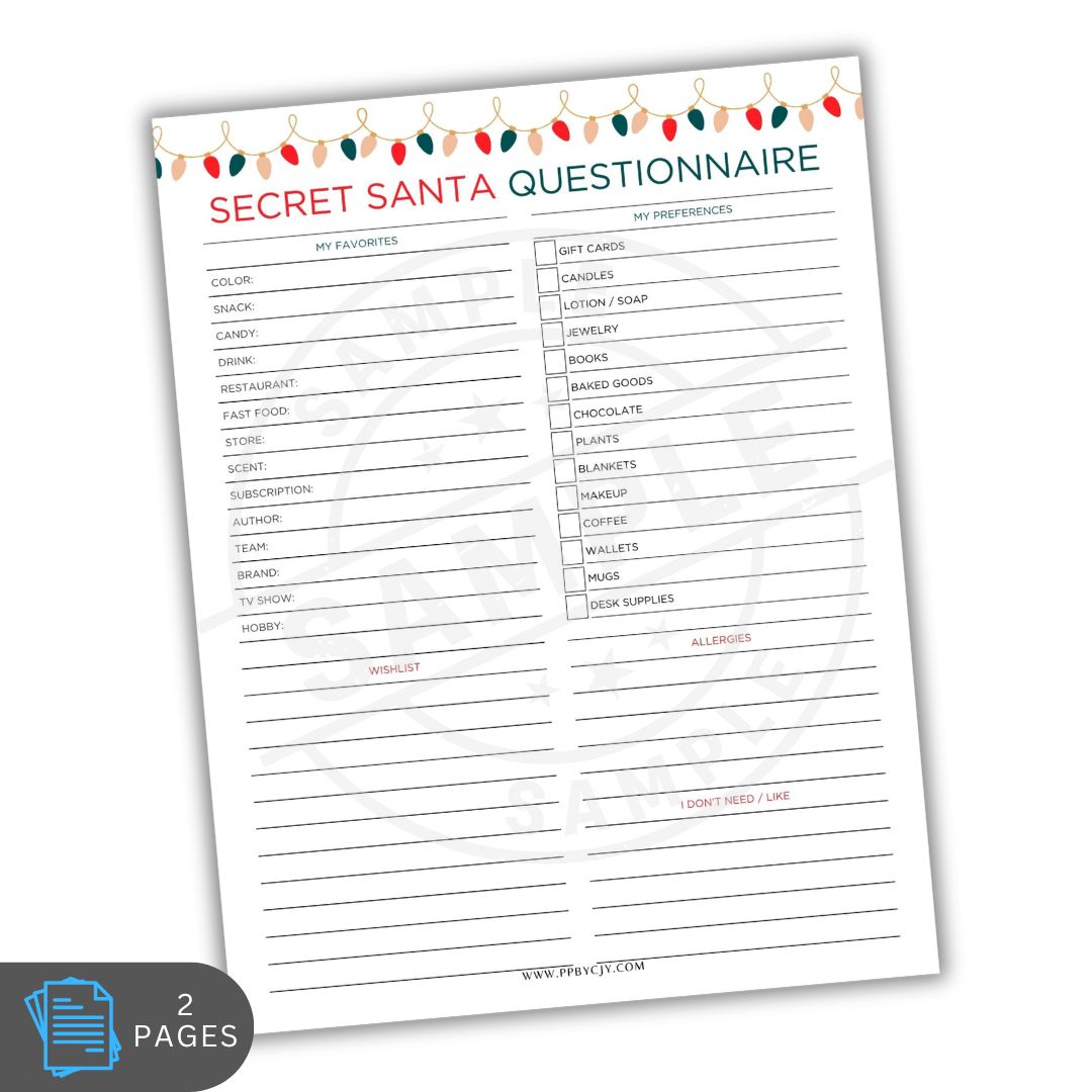 Secret Santa questionnaire with Christmas lights design on a white background