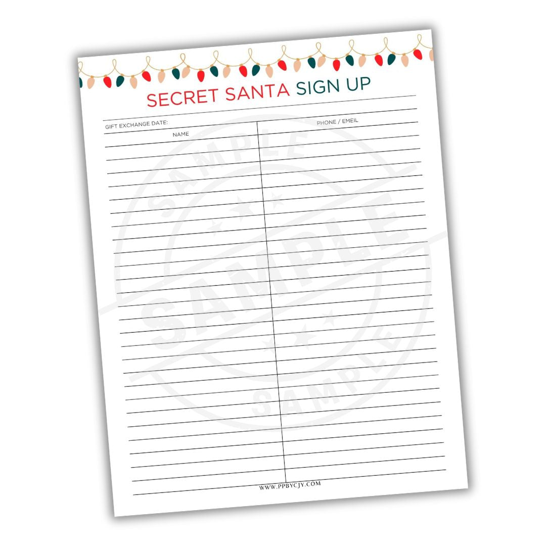 Secret Santa sign-up sheet with Christmas lights border on a white background