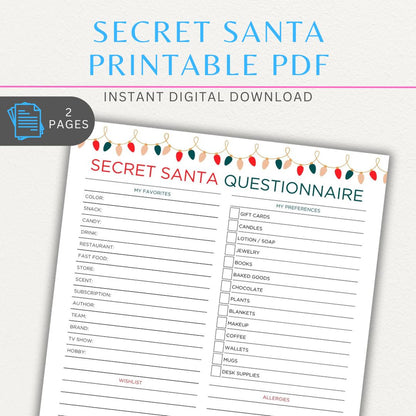 Secret Santa Printable PDF Template Bundle with tracking and wish list sheets.

