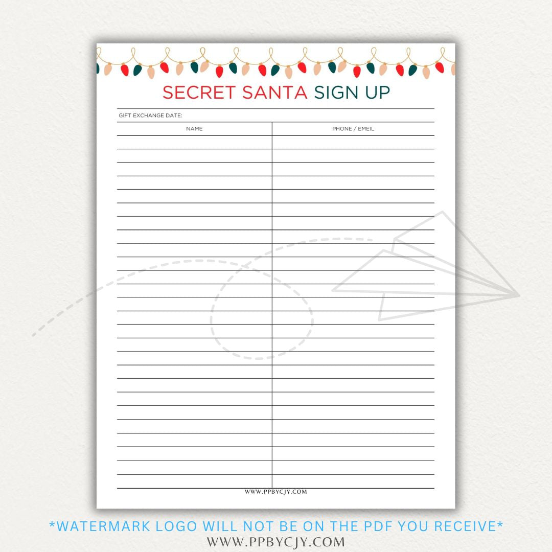 Secret Santa Printable PDF Template Bundle with tracking and wish list sheets.

