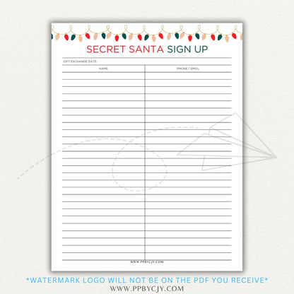 Secret Santa Printable PDF Template Bundle with tracking and wish list sheets.

