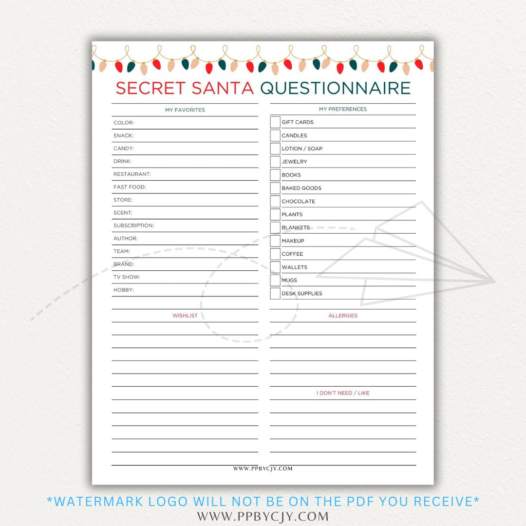 Secret Santa Printable PDF Template Bundle with tracking and wish list sheets.

