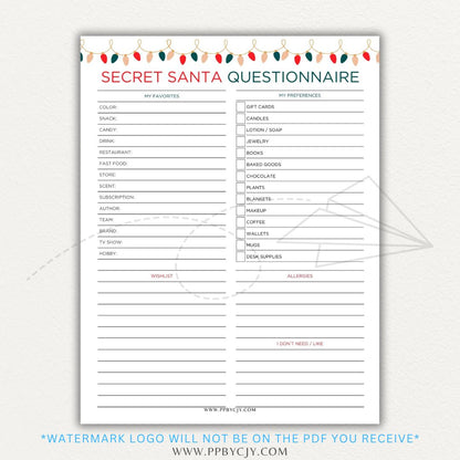 Secret Santa Printable PDF Template Bundle with tracking and wish list sheets.

