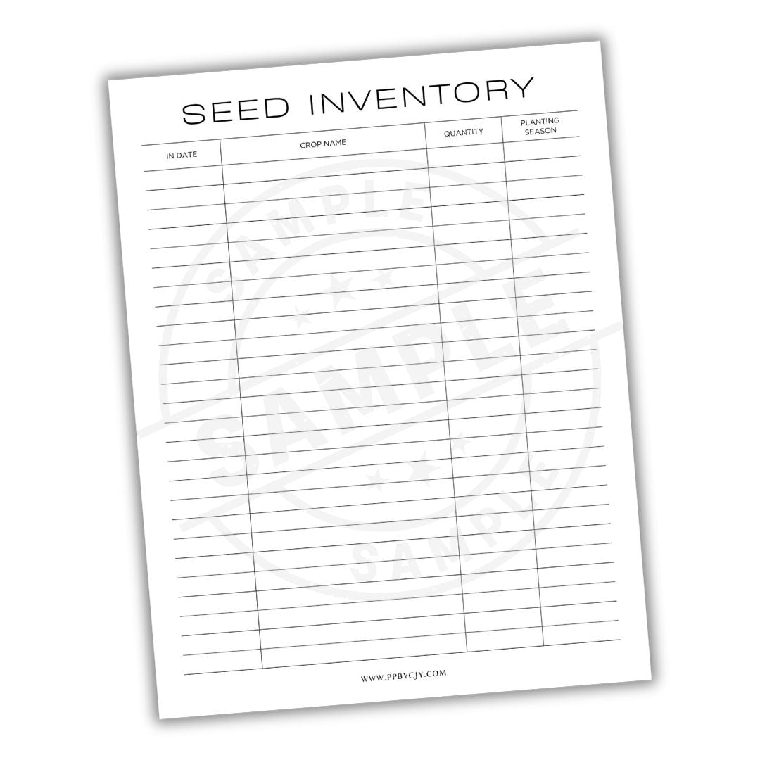 Seed inventory sheet with columns for date, crop name, quantity, and planting season on a white background.