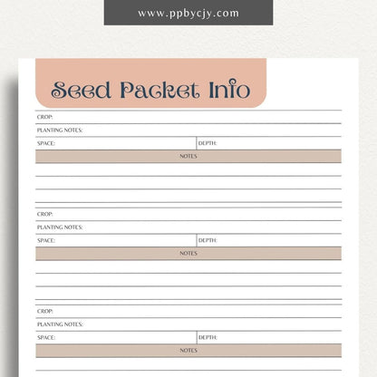 Seed Packet Info Printable Template – Digital download for documenting and organizing details from seed packets, including planting instructions, germination rates, and varieties