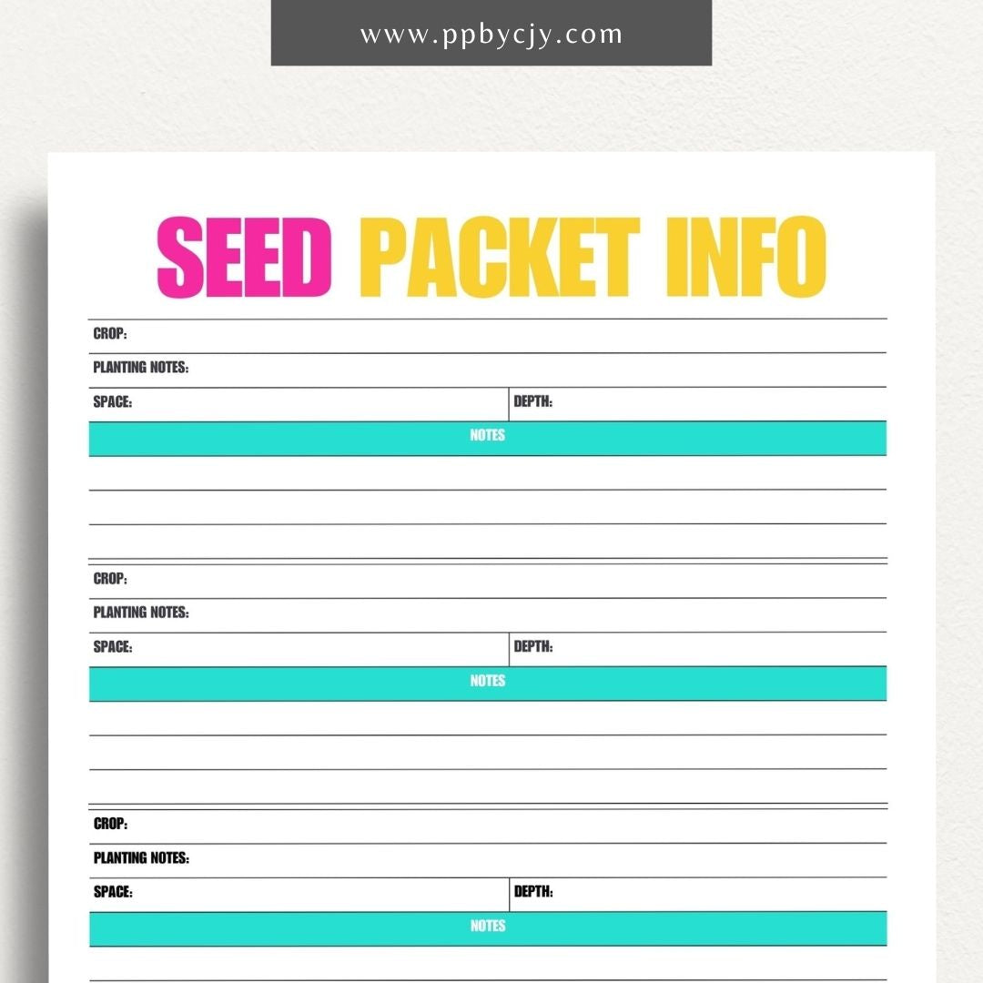 Seed Packet Info Printable Template – Digital download for documenting and organizing details from seed packets, including planting instructions, germination rates, and varieties