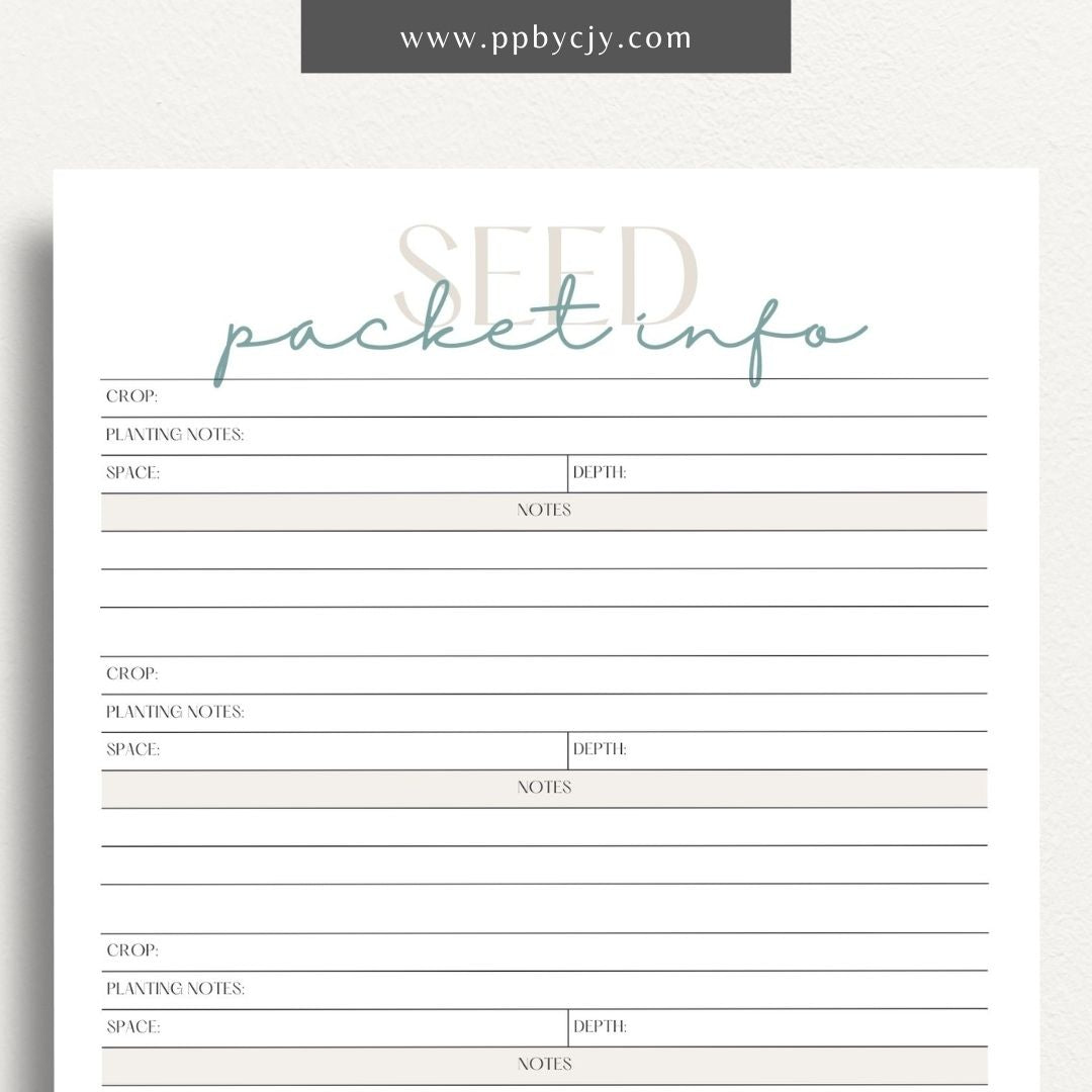 Seed Packet Info Printable Template – Digital download for documenting and organizing details from seed packets, including planting instructions, germination rates, and varieties