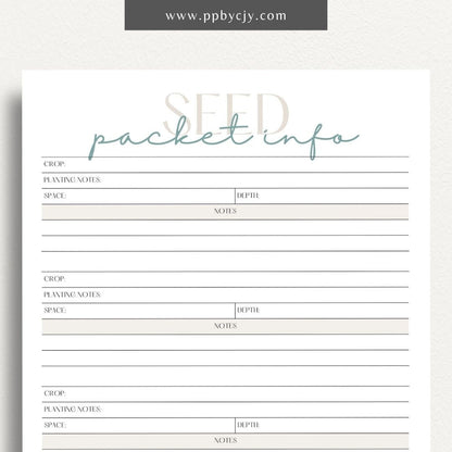 Seed Packet Info Printable Template – Digital download for documenting and organizing details from seed packets, including planting instructions, germination rates, and varieties