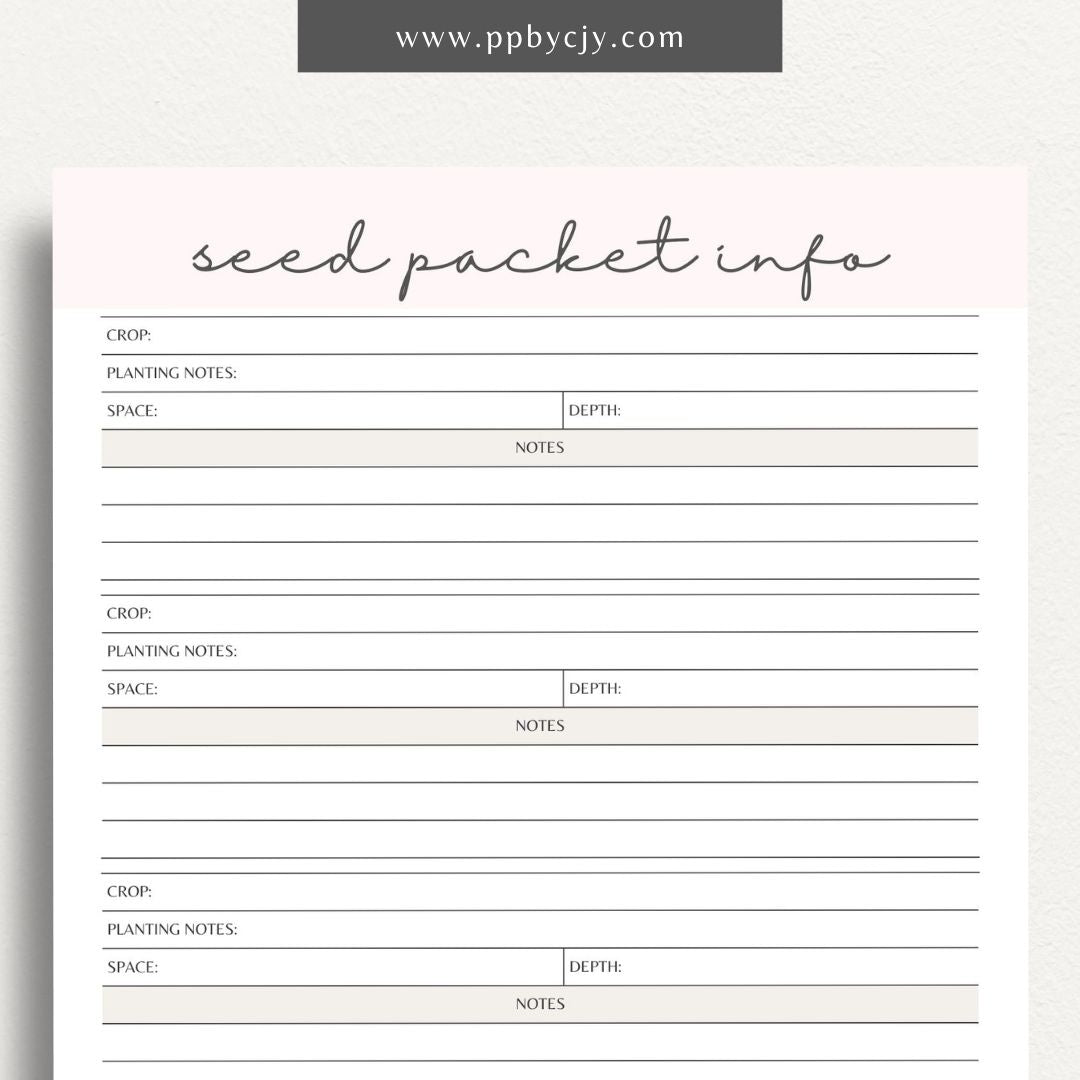 Seed Packet Info Printable Template – Digital download for documenting and organizing details from seed packets, including planting instructions, germination rates, and varieties