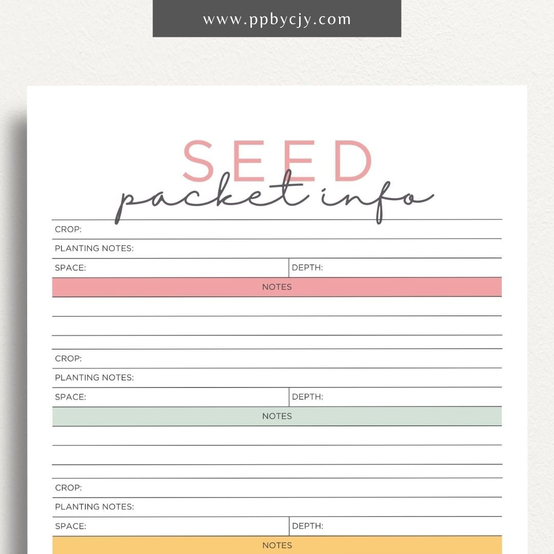 Seed Packet Info Printable Template – Digital download for documenting and organizing details from seed packets, including planting instructions, germination rates, and varieties