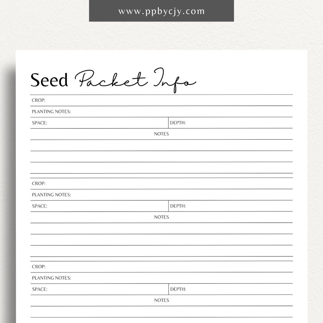 Seed Packet Info Printable Template – Digital download for documenting and organizing details from seed packets, including planting instructions, germination rates, and varieties