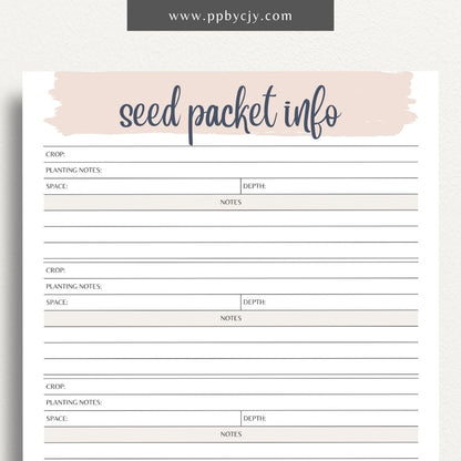 Seed Packet Info Printable Template – Digital download for documenting and organizing details from seed packets, including planting instructions, germination rates, and varieties