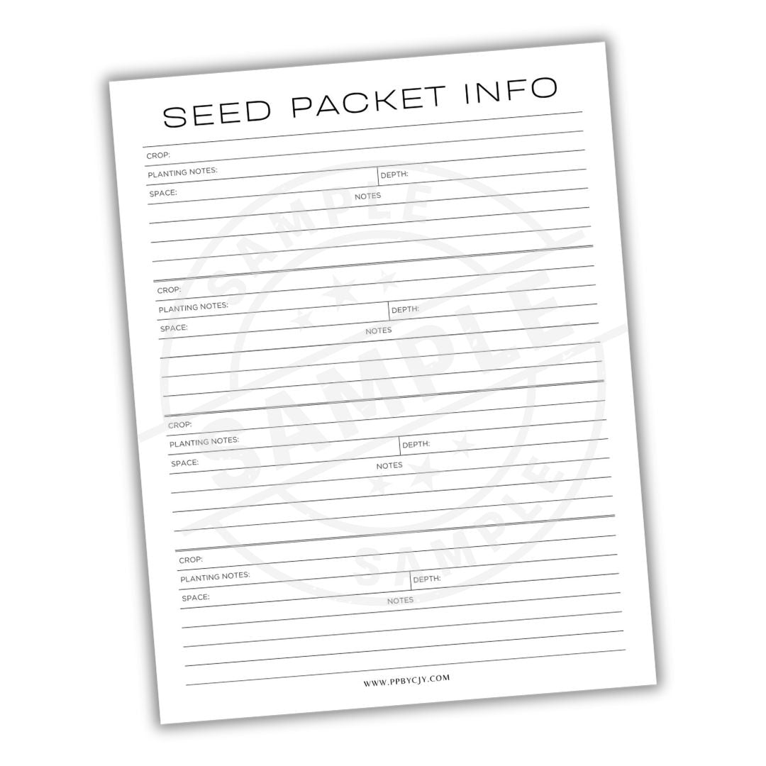 Seed packet information sheet with columns for planting notes on a white background