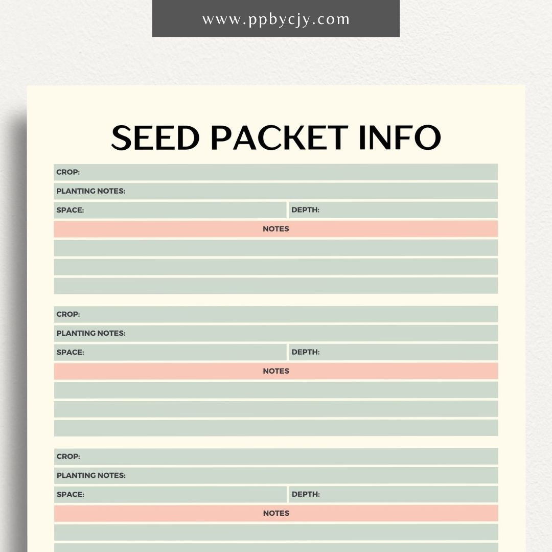 Seed Packet Info Printable Template – Digital download for documenting and organizing details from seed packets, including planting instructions, germination rates, and varieties