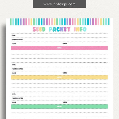 Seed Packet Info Printable Template – Digital download for documenting and organizing details from seed packets, including planting instructions, germination rates, and varieties