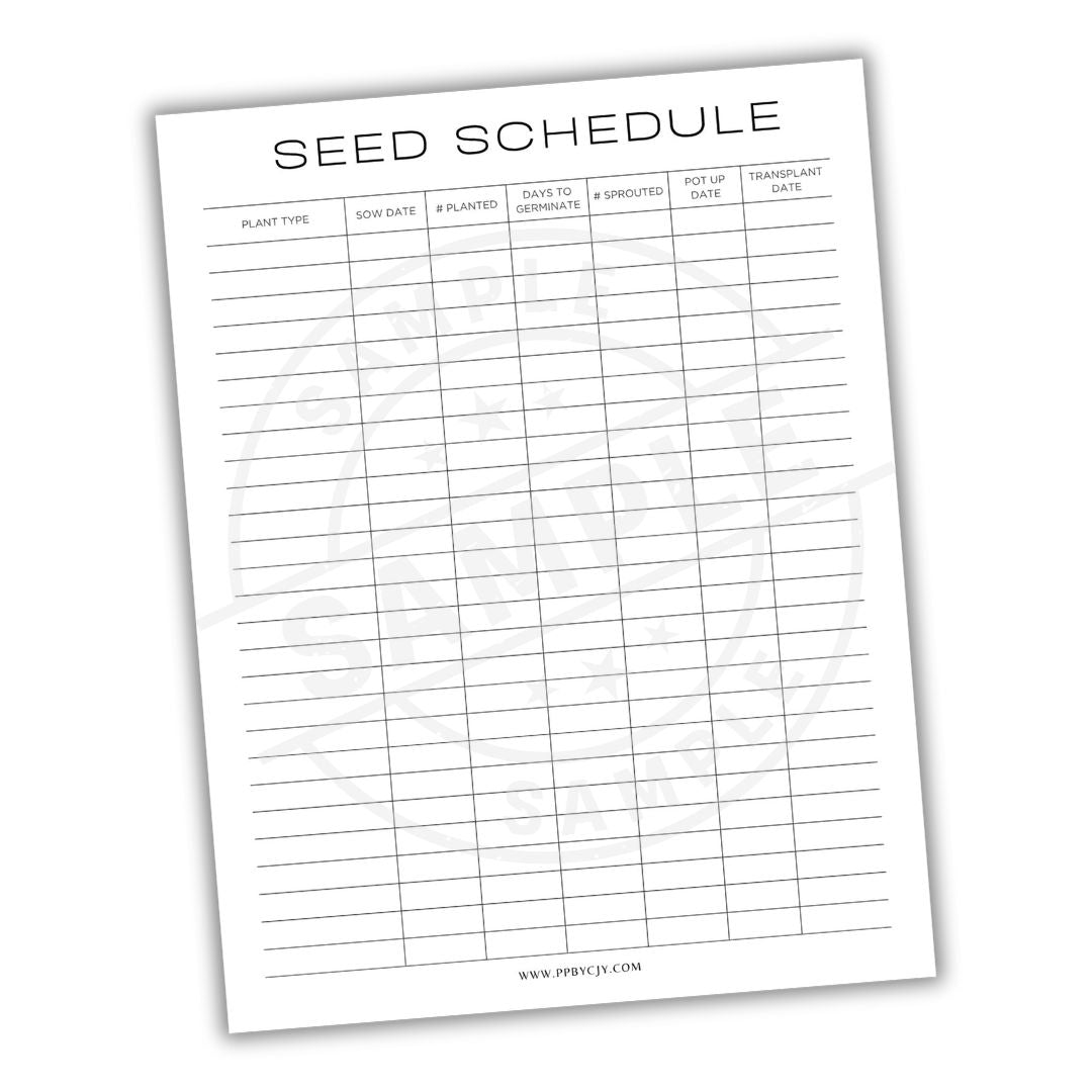 Seed schedule sheet with columns for plant type, sowing date, etc.