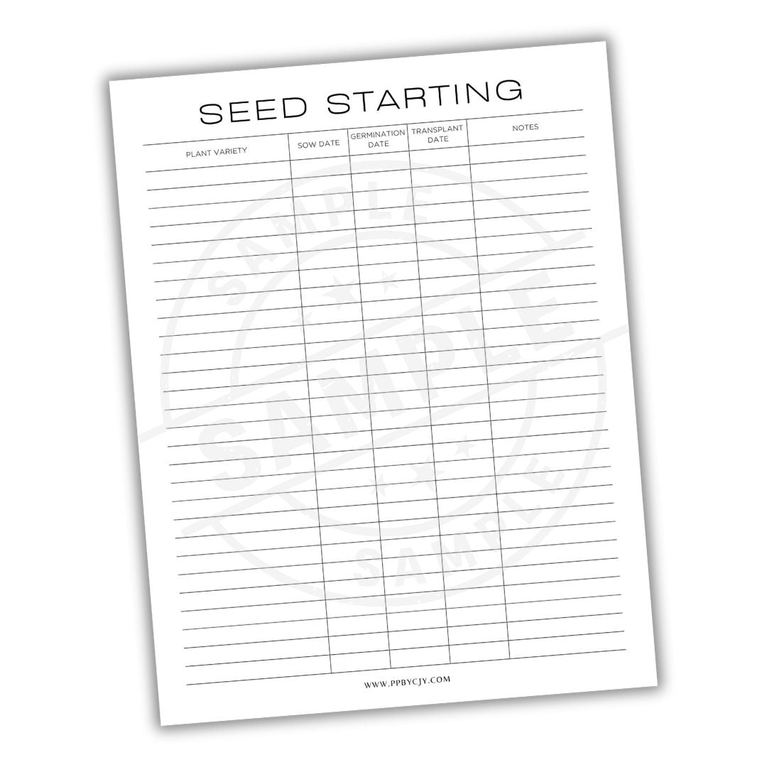 Seed starting chart with columns for plant variety, sow date, germination date, transplant date, and notes on a white background.