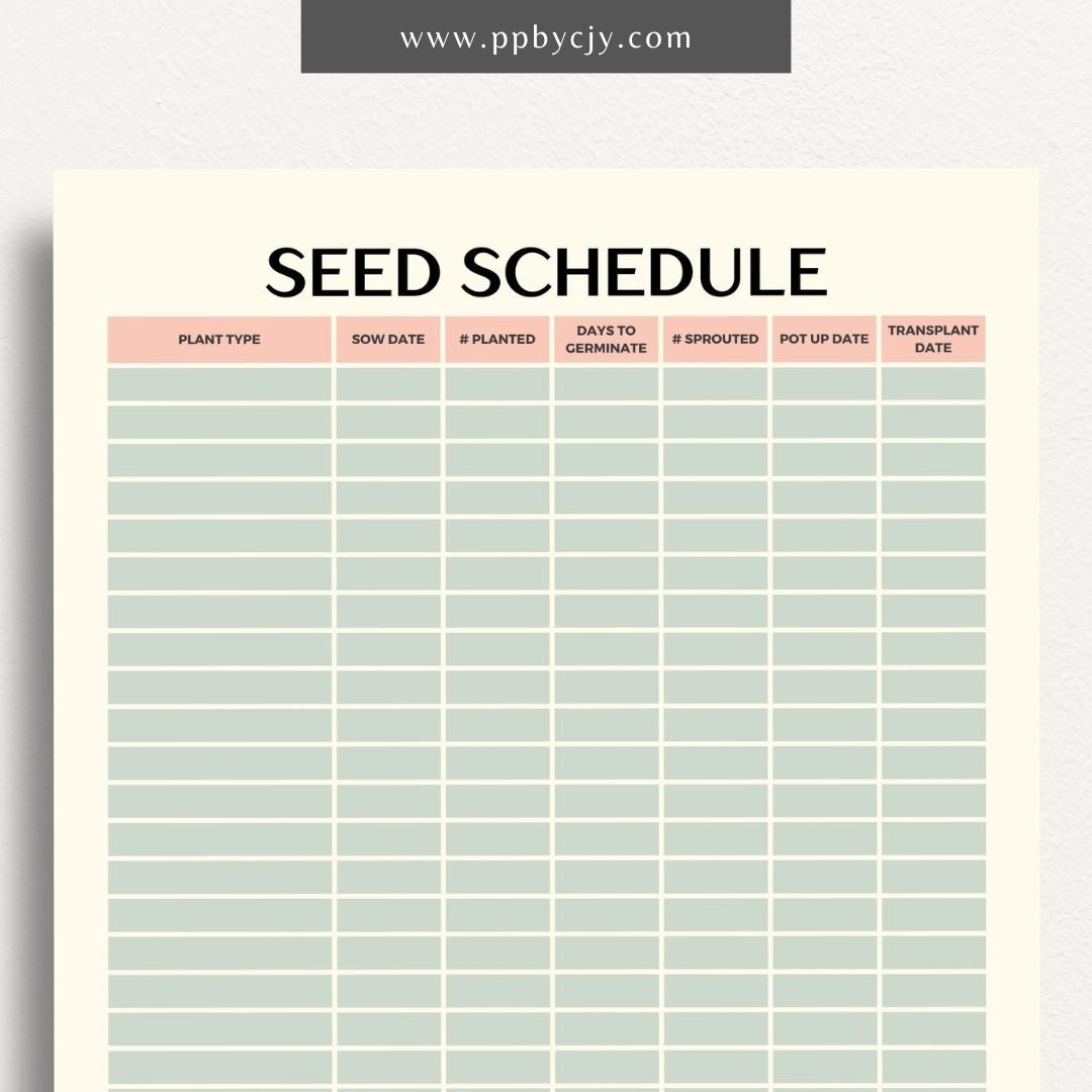 printable template page with columns and rows related to seed planting schedule