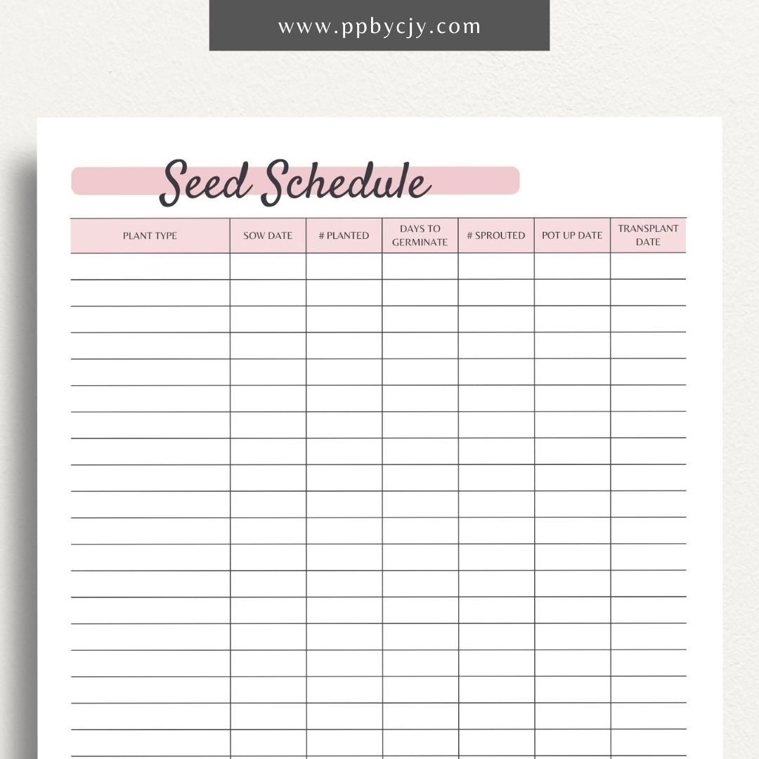 printable template page with columns and rows related to seed planting schedule