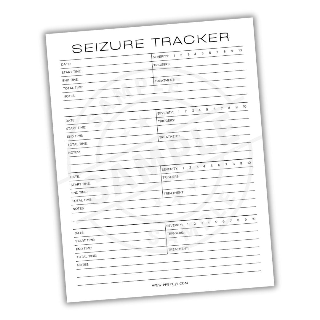 Seizure tracker sheet with columns for date, start time, end time, severity, triggers, treatment, and notes on a white background.
