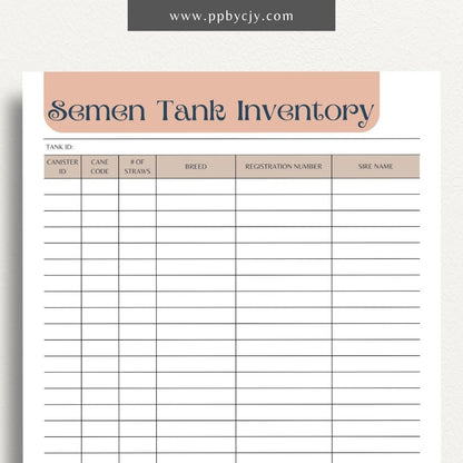 Cattle Semen Tank Inventory Printable Template – Digital download for managing and tracking the contents and usage of cattle semen tanks, including straws, dates, and storage details