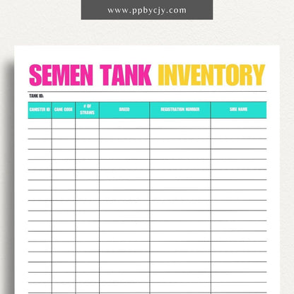 Cattle Semen Tank Inventory Printable Template – Digital download for managing and tracking the contents and usage of cattle semen tanks, including straws, dates, and storage details