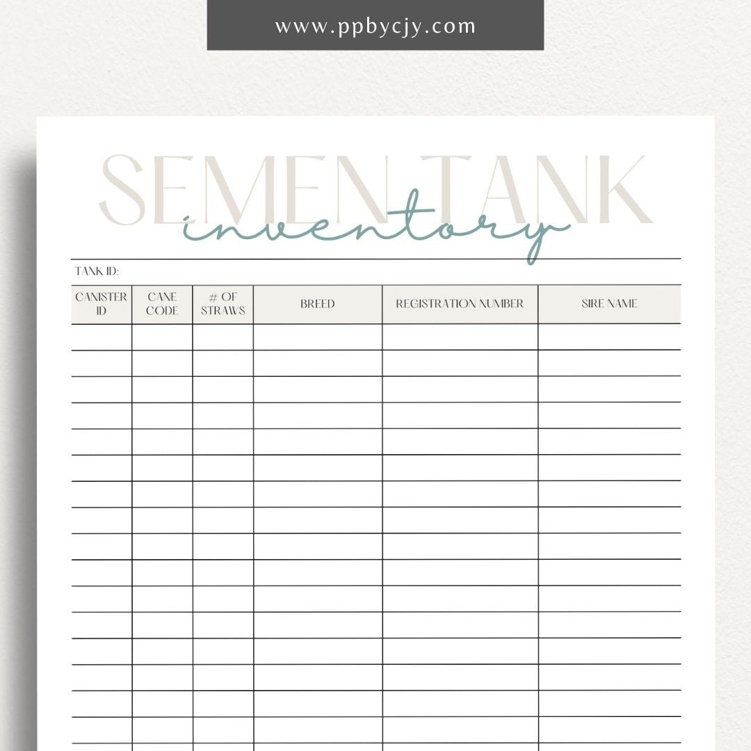 Cattle Semen Tank Inventory Printable Template – Digital download for managing and tracking the contents and usage of cattle semen tanks, including straws, dates, and storage details