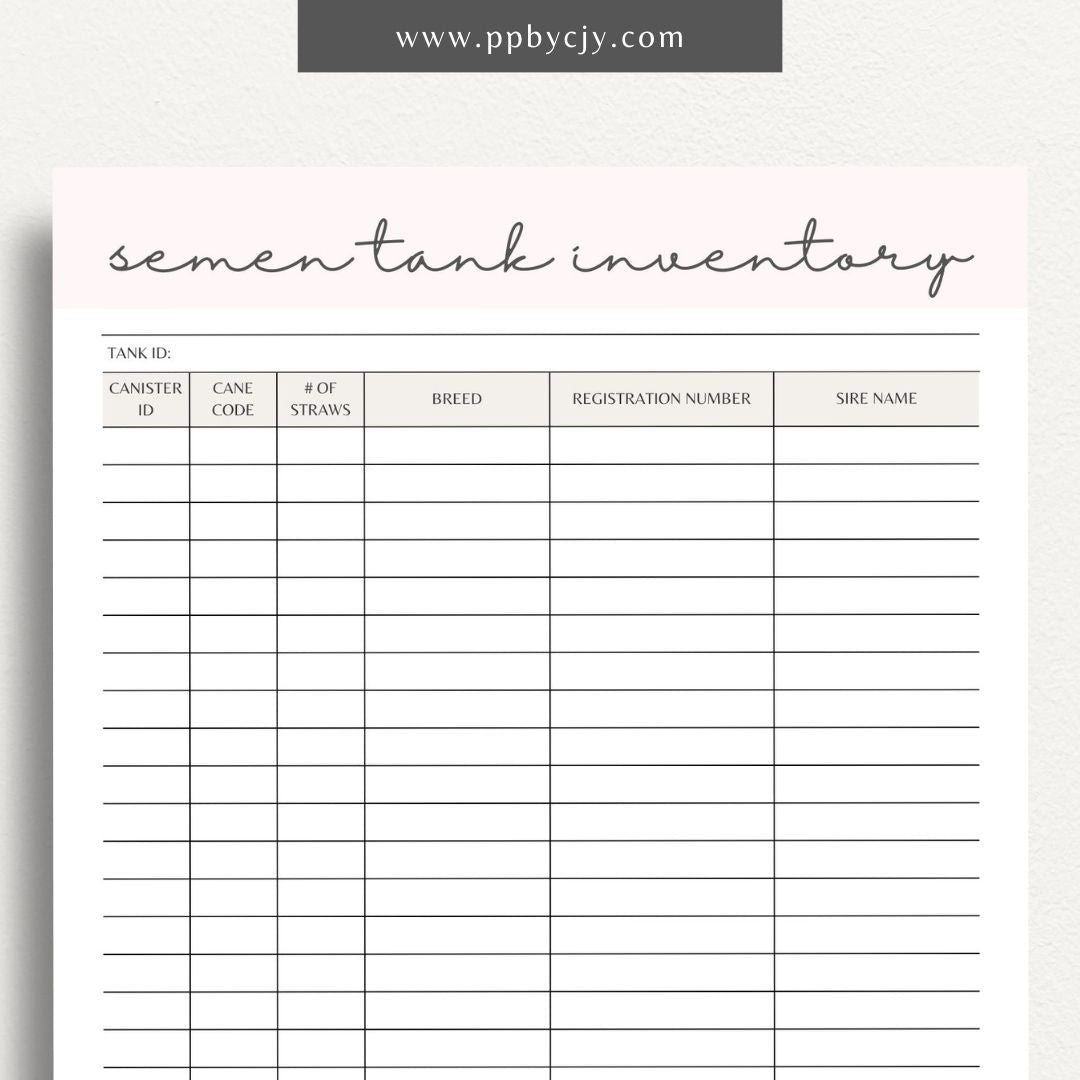 Cattle Semen Tank Inventory Printable Template – Digital download for managing and tracking the contents and usage of cattle semen tanks, including straws, dates, and storage details