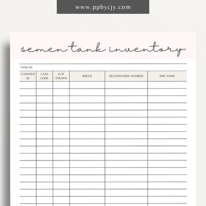 Cattle Semen Tank Inventory Printable Template – Digital download for managing and tracking the contents and usage of cattle semen tanks, including straws, dates, and storage details