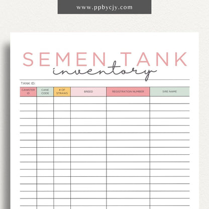 Cattle Semen Tank Inventory Printable Template – Digital download for managing and tracking the contents and usage of cattle semen tanks, including straws, dates, and storage details