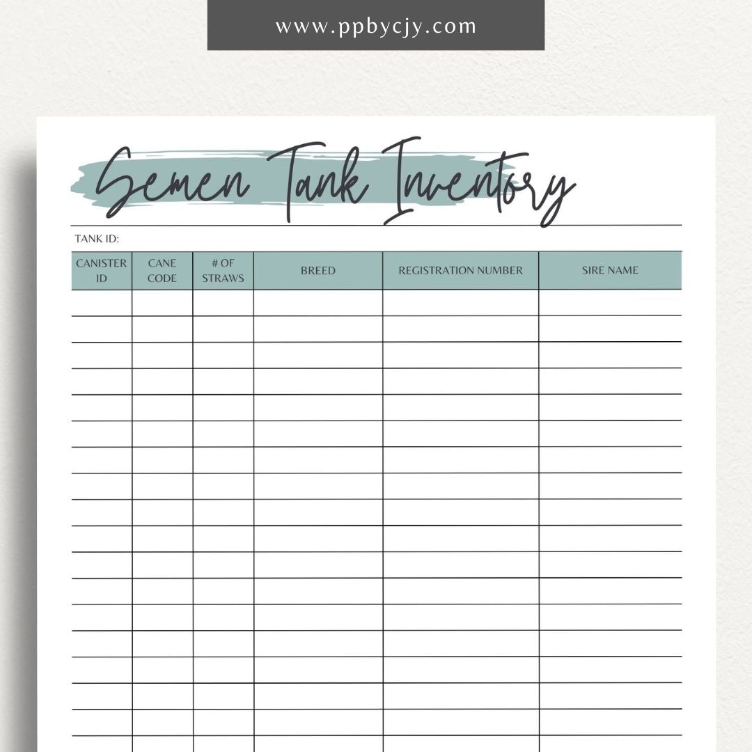 Cattle Semen Tank Inventory Printable Template – Digital download for managing and tracking the contents and usage of cattle semen tanks, including straws, dates, and storage details